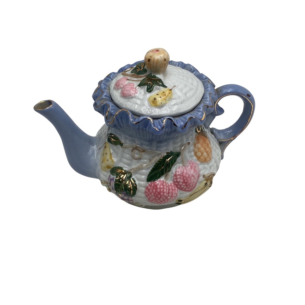 Vintage Ceramic Fruit Basketweave Teapot‎ Blue Ruffle Gold Trim Cottagecore 4.5"